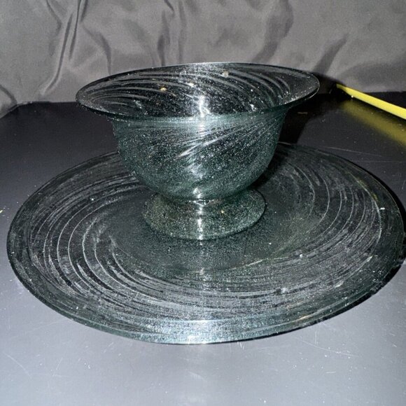 Viking Glass Bowl & Saucer Set Vintage Fruit Desert Sparkle Blue Green Swirl - Picture 1 of 16